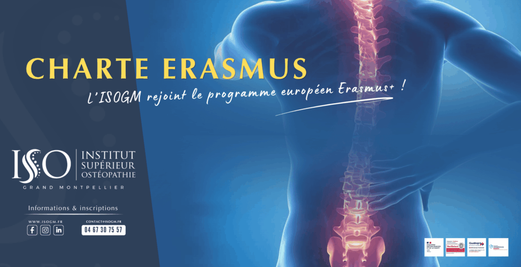 Visuel ISOGM annonçant l’obtention de la Charte Erasmus, avec le texte « Charte Erasmus, l’ISOGM rejoint le programme européen Erasmus+ »