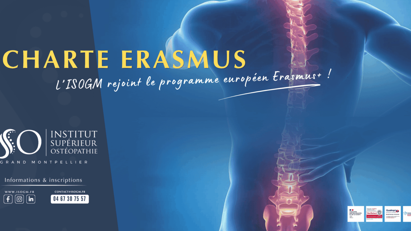 Visuel ISOGM annonçant l’obtention de la Charte Erasmus, avec le texte « Charte Erasmus, l’ISOGM rejoint le programme européen Erasmus+ »